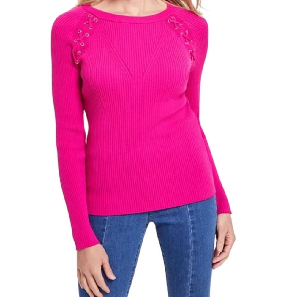 INC International Concepts Women's Lace-Up Ribbed-Knit Sweater in Pink Tutu